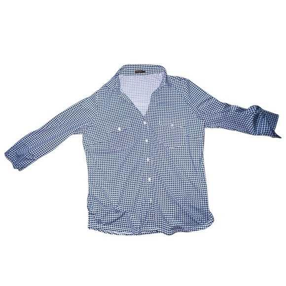 J Mclaughlin Tops - J.McLaughlin Blue & White Collared Top Sz L Long Sleeve Preppy Classic